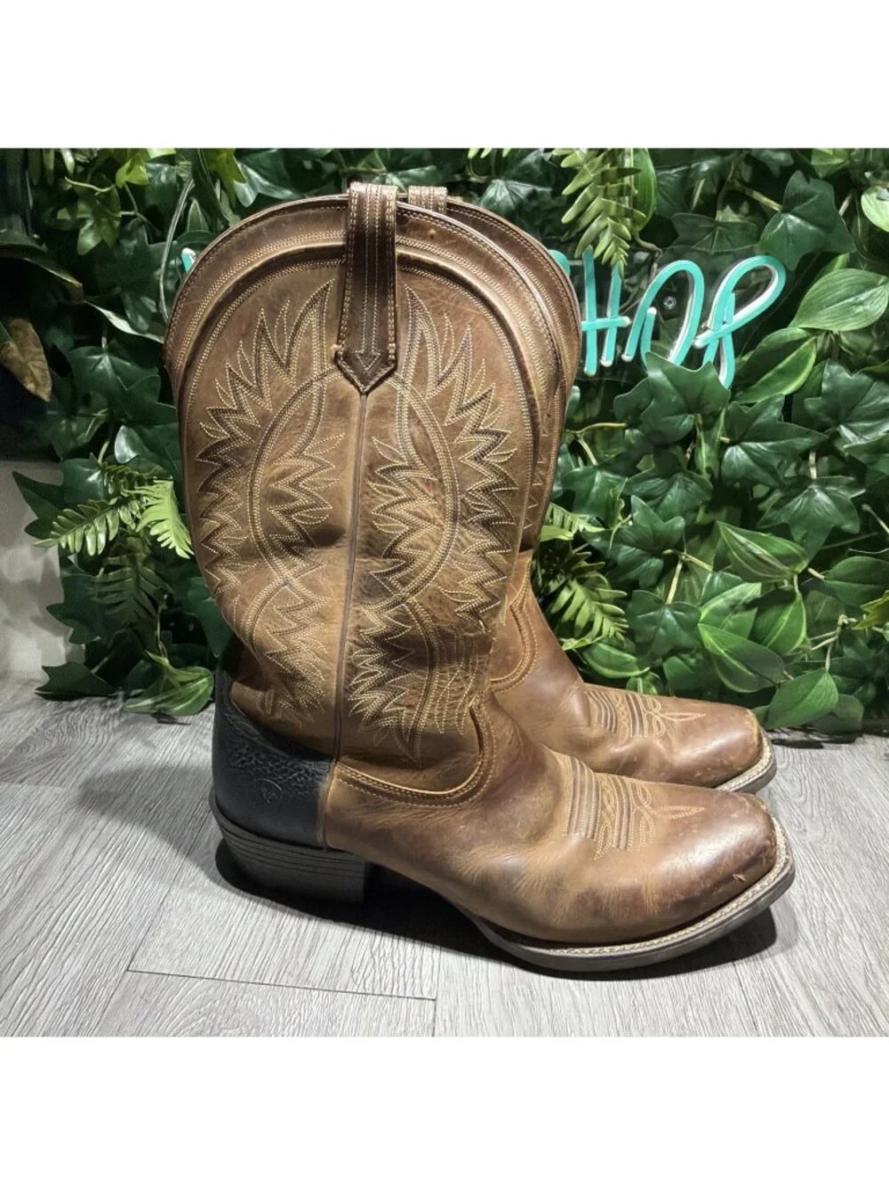 ARIAT TROUBADOUR BROWN/TAN COWHIDE LEATHER COWBOY BOOTS #10017359 MEN'S 12 D